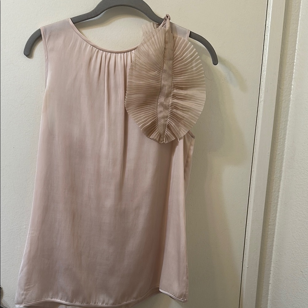 Vintage Max Azria Champagne Asymmetrical Sleeveless Blouse with Ornament Ruffle